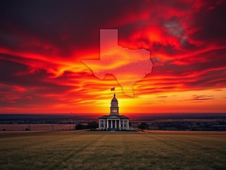 Flick International Dramatic Texas landscape at sunset with a lone courthouse symbolizing political rivalry