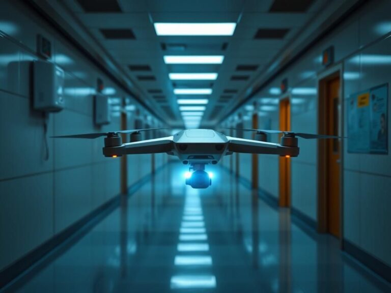 Flick International A sleek drone hovering in a futuristic school hallway, ready to deploy its defense mechanism.
