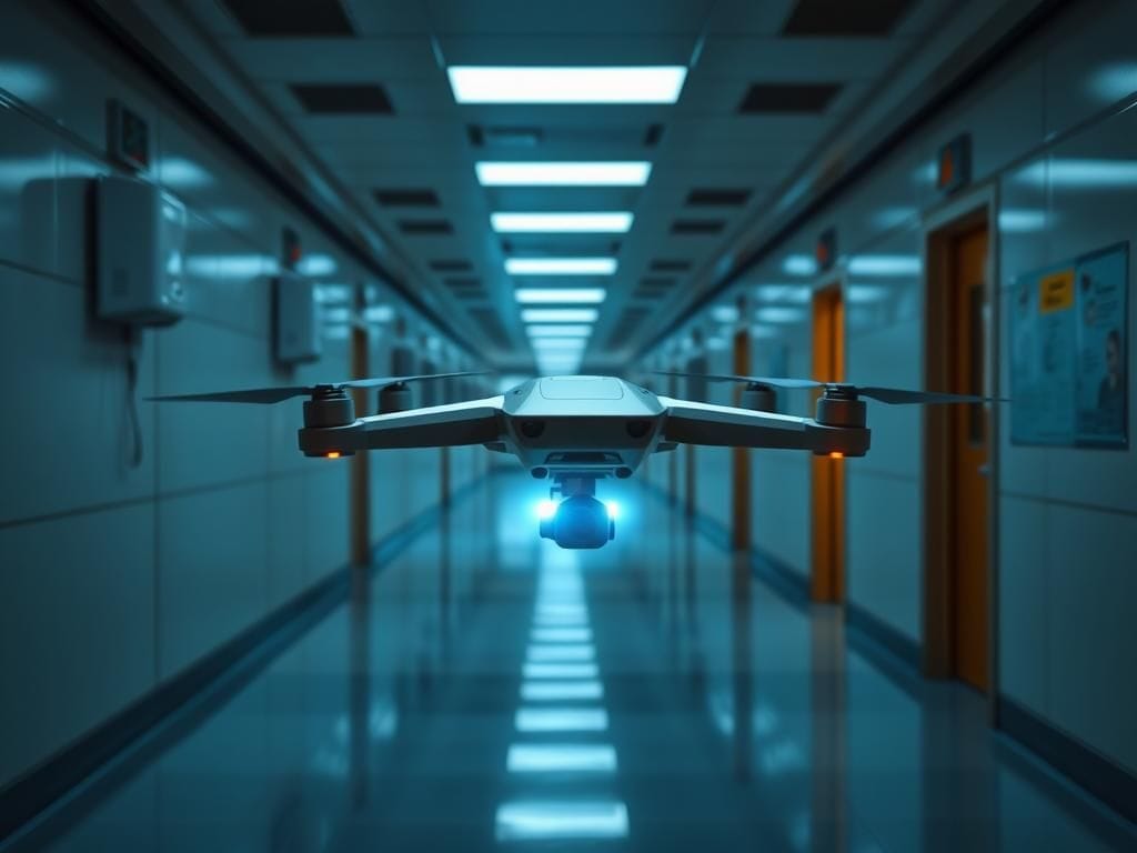 Flick International A sleek drone hovering in a futuristic school hallway, ready to deploy its defense mechanism.