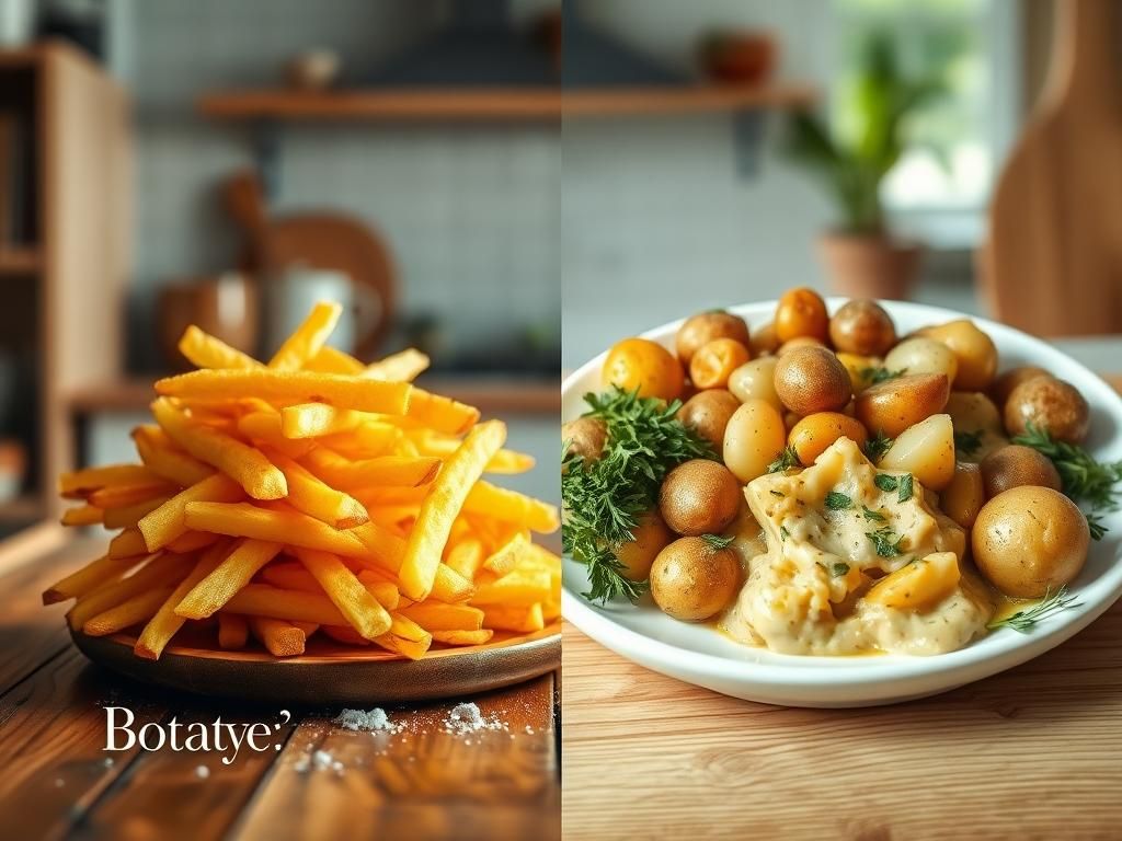 Flick International A vibrant contrast of crispy french fries and healthy potato preparations showcasing dietary choices.