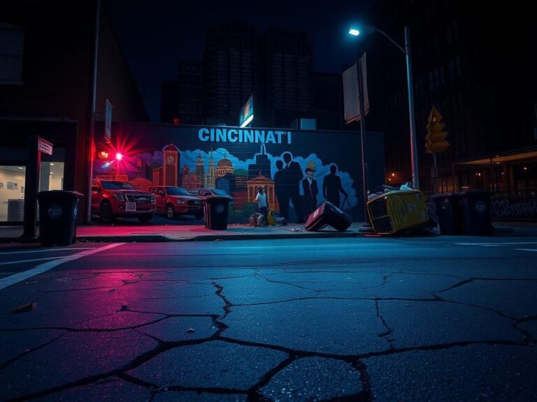 Flick International Dimly lit street in downtown Cincinnati showing remnants of a recent violent event