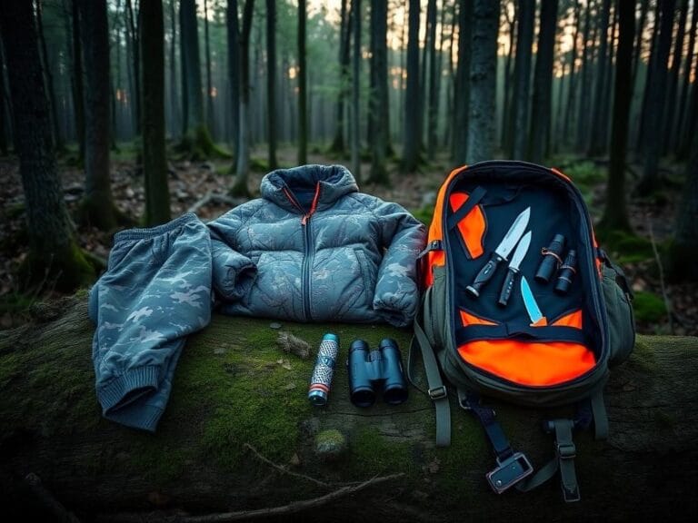 Flick International A serene woodland scene at dawn showcasing essential hunting gear including camo clothing and a hunting pack on a moss-covered log.