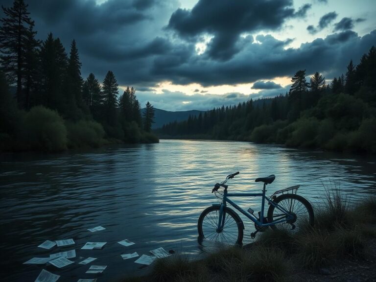 Flick International Serene riverside landscape at dusk with remnants of a blue 10-speed bicycle near the Snake River in Idaho