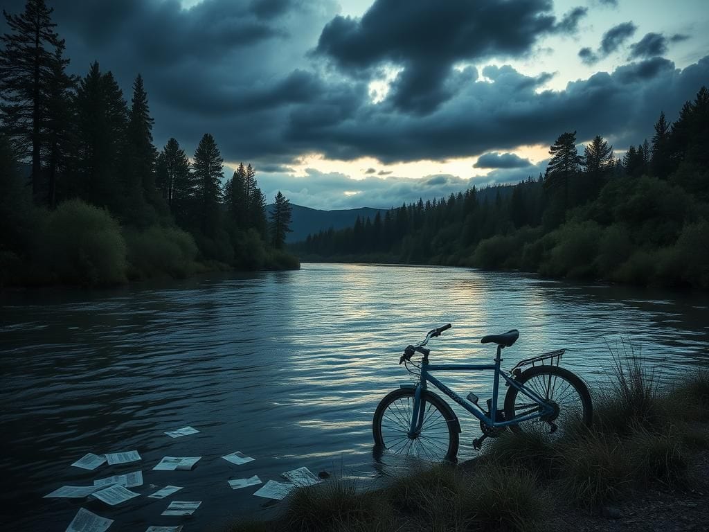 Flick International Serene riverside landscape at dusk with remnants of a blue 10-speed bicycle near the Snake River in Idaho