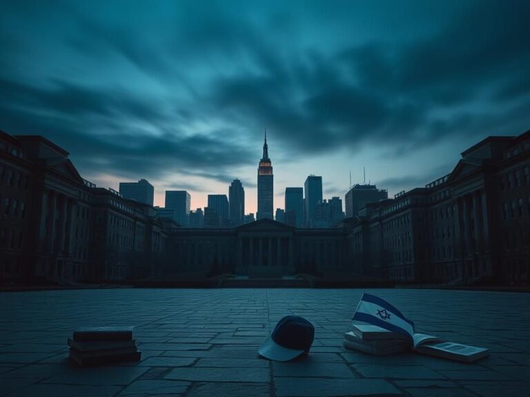 Flick International New York City skyline with Columbia University campus and empty courtyard reflecting student concerns