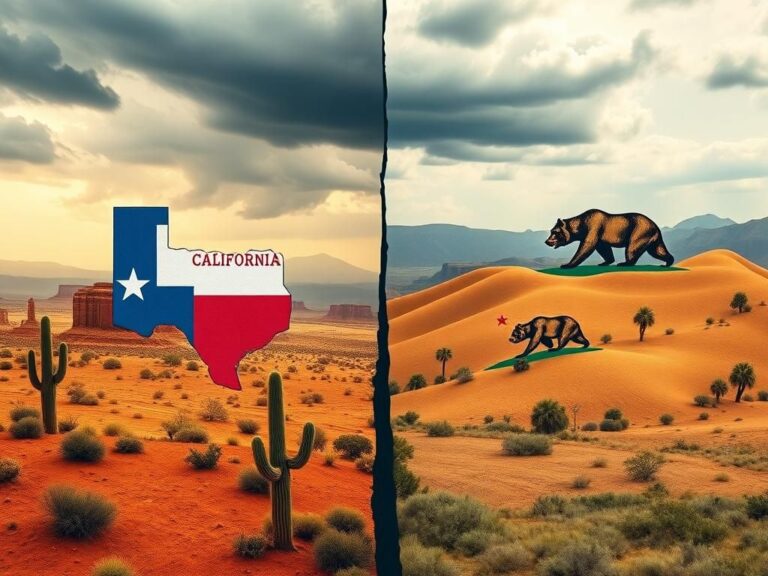 Flick International A split landscape depicting Texas and California, showcasing symbols of GOP-led and Democratic redistricting efforts.