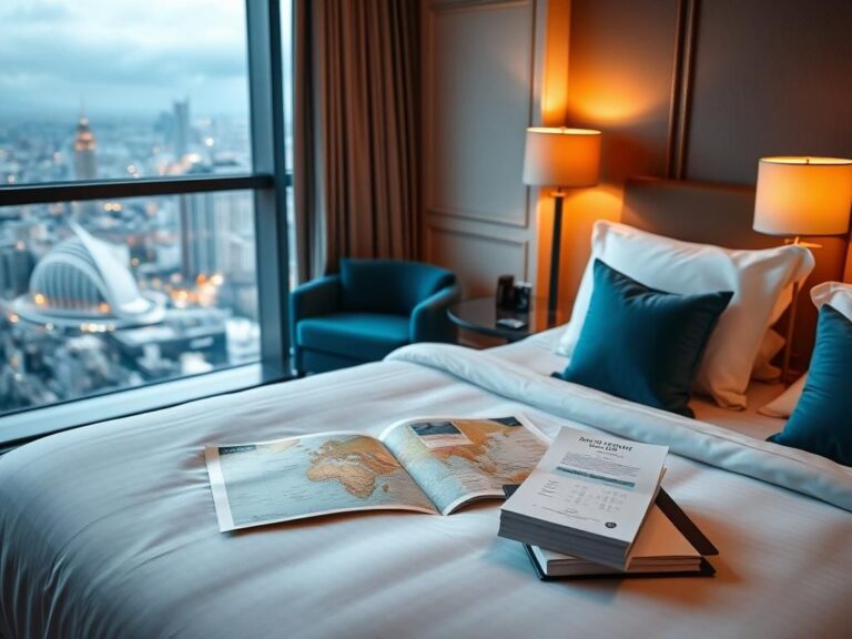 Flick International Luxurious unused hotel room with elegant furnishings and a city skyline view
