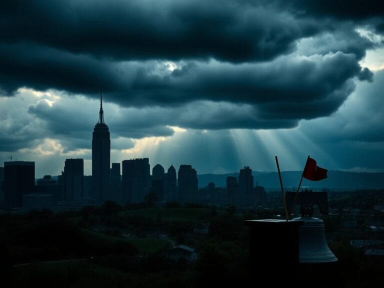 Flick International Dramatic urban landscape showcasing the contrasting political atmospheres of New York City and New Hampshire.