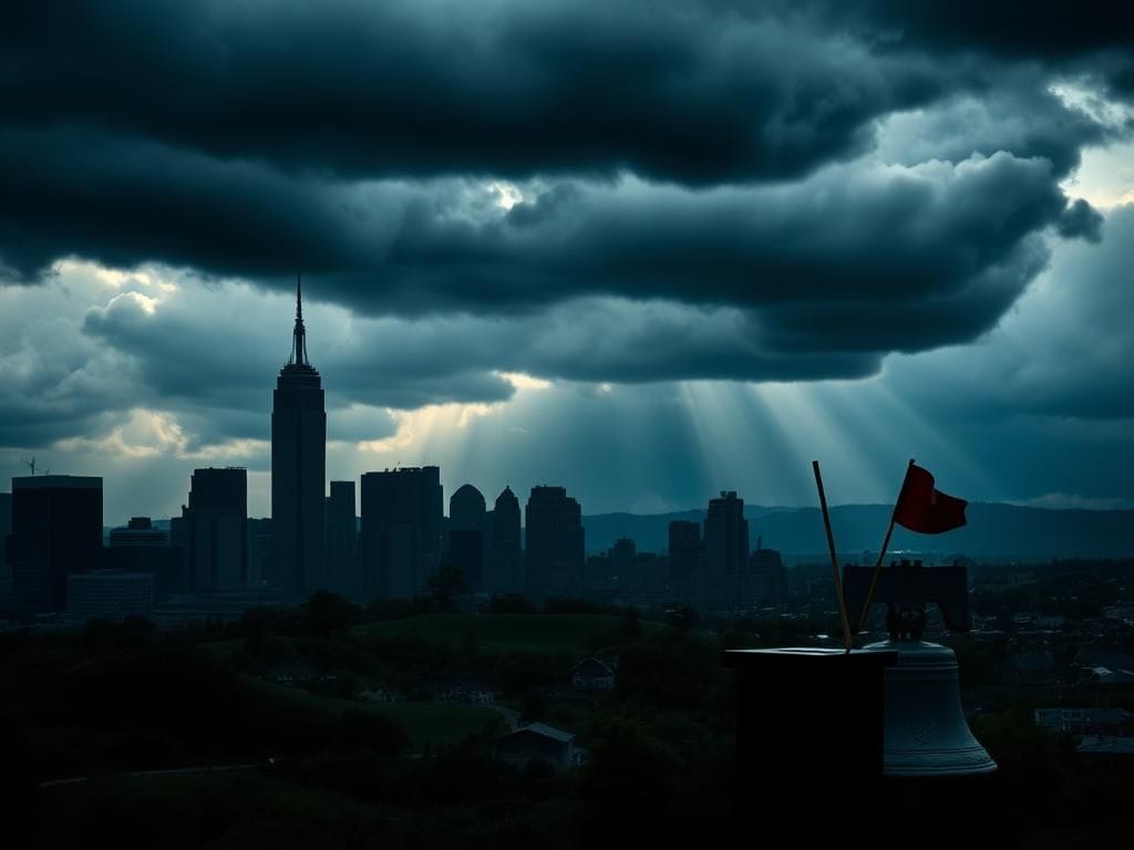 Flick International Dramatic urban landscape showcasing the contrasting political atmospheres of New York City and New Hampshire.