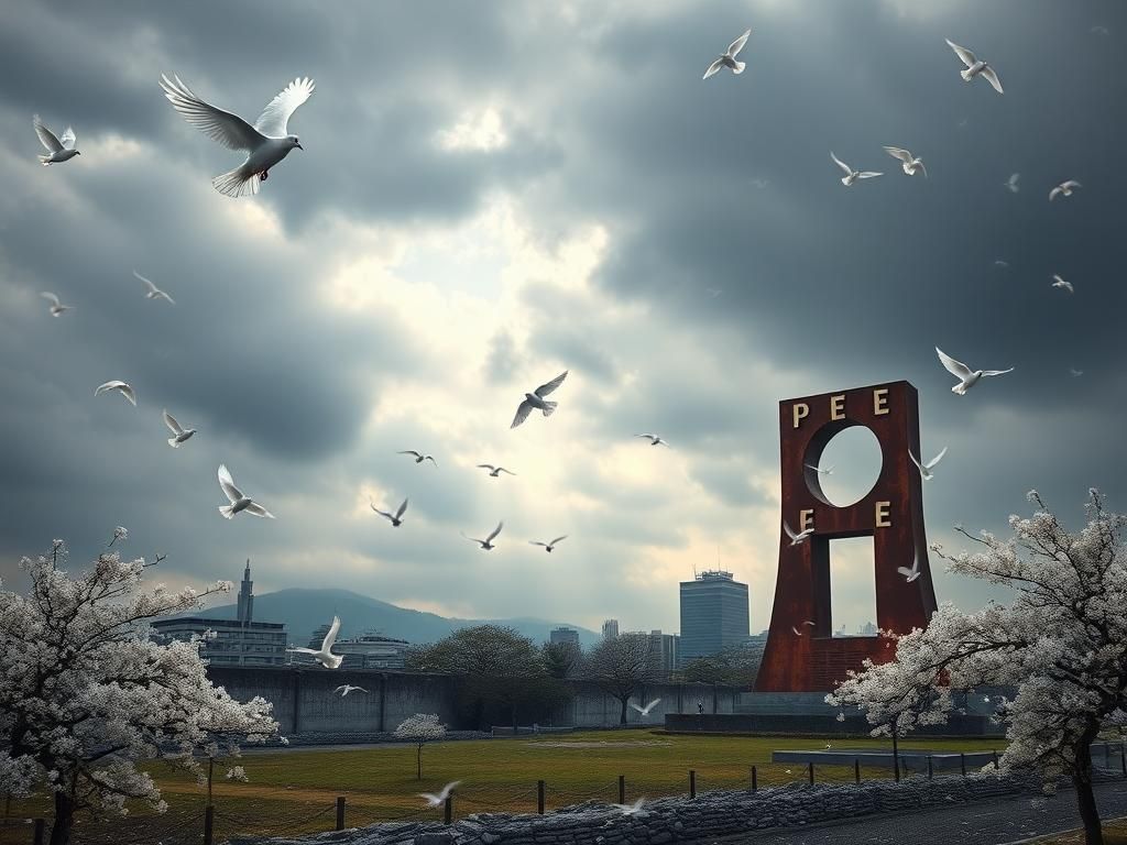 Flick International Reflective landscape of Nagasaki Peace Park with a rusted monument symbolizing fragility and loss.