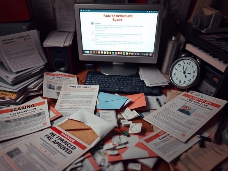 Flick International A cluttered desk filled with misleading financial documents related to retirement scams