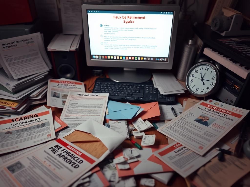 Flick International A cluttered desk filled with misleading financial documents related to retirement scams
