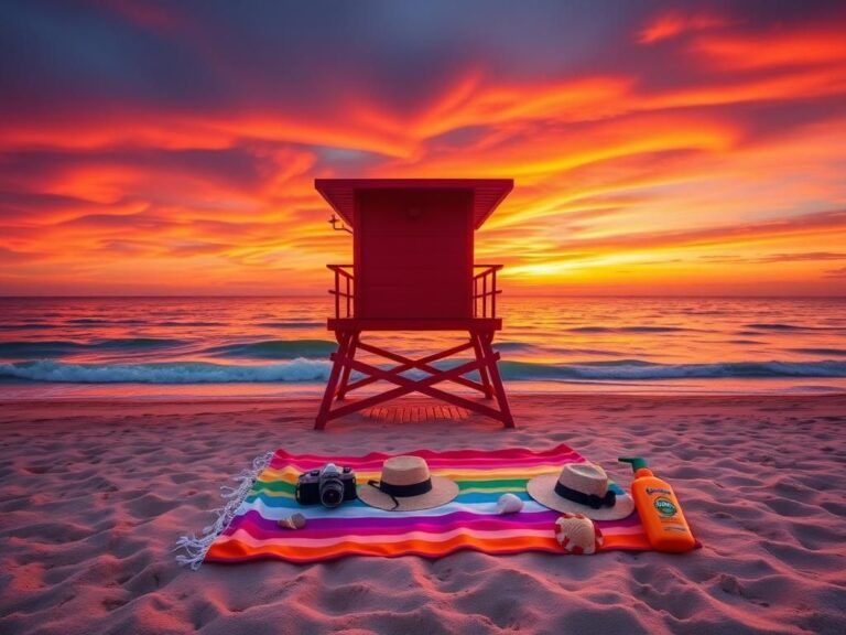 Flick International Sunset beach scene with lifeguard tower and beach items
