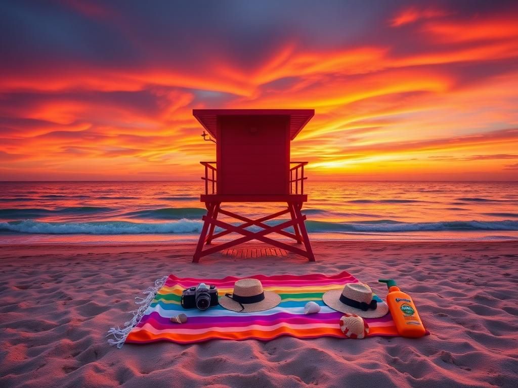 Flick International Sunset beach scene with lifeguard tower and beach items