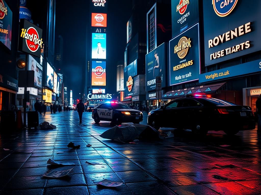 Flick International Nighttime view of Times Square with wet pavement and police presence