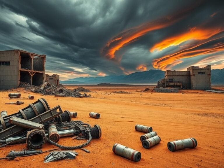 Flick International Landscape of a devastated nuclear facility with ruined structures and scattered debris