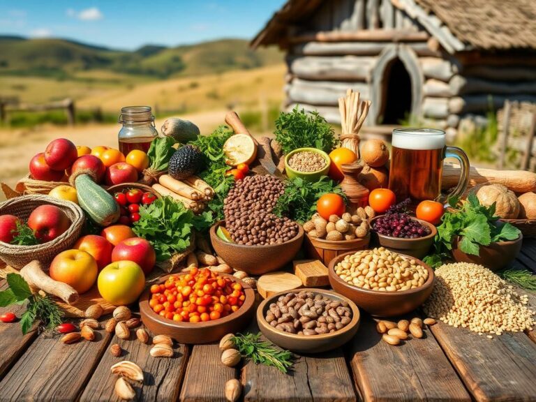 Flick International A rustic wooden table filled with vibrant whole foods representative of the Viking diet.