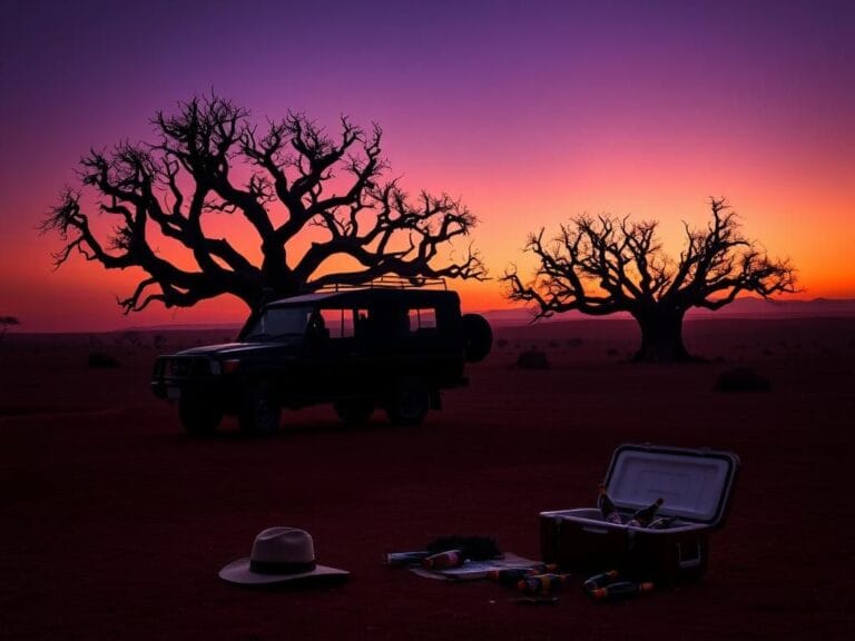 Flick International A haunting silhouette of a safari vehicle in the twilight African savanna