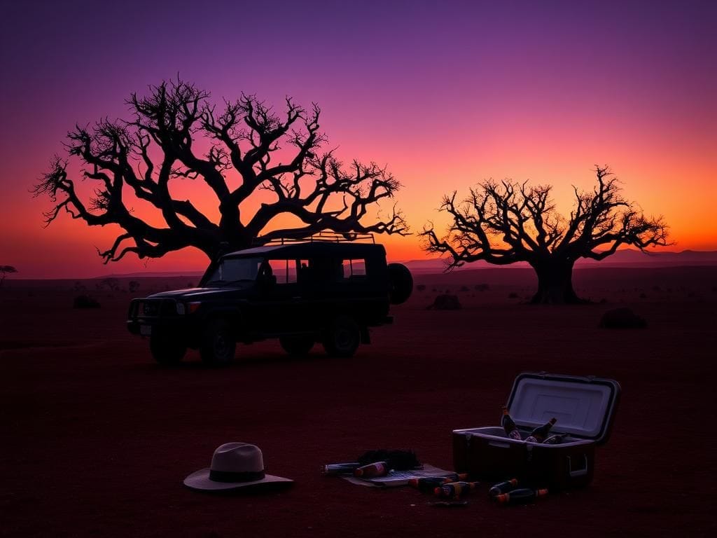 Flick International A haunting silhouette of a safari vehicle in the twilight African savanna