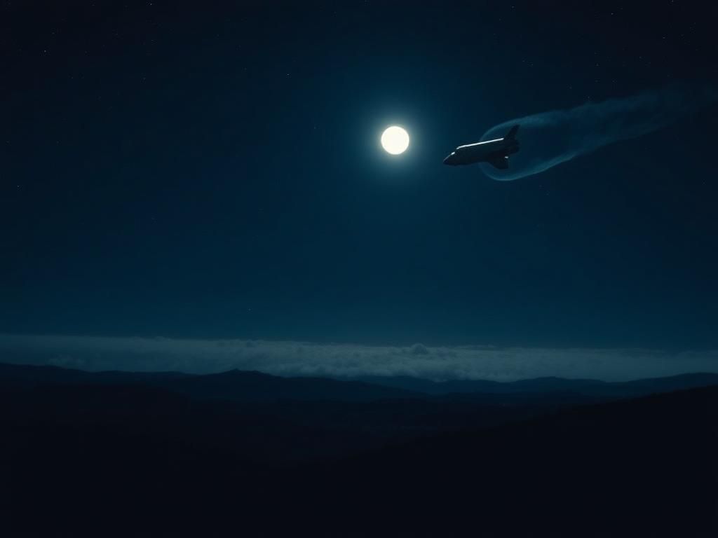 Flick International A serene night sky with a full moon illuminating rolling hills and a distant representation of the Apollo 13 spacecraft