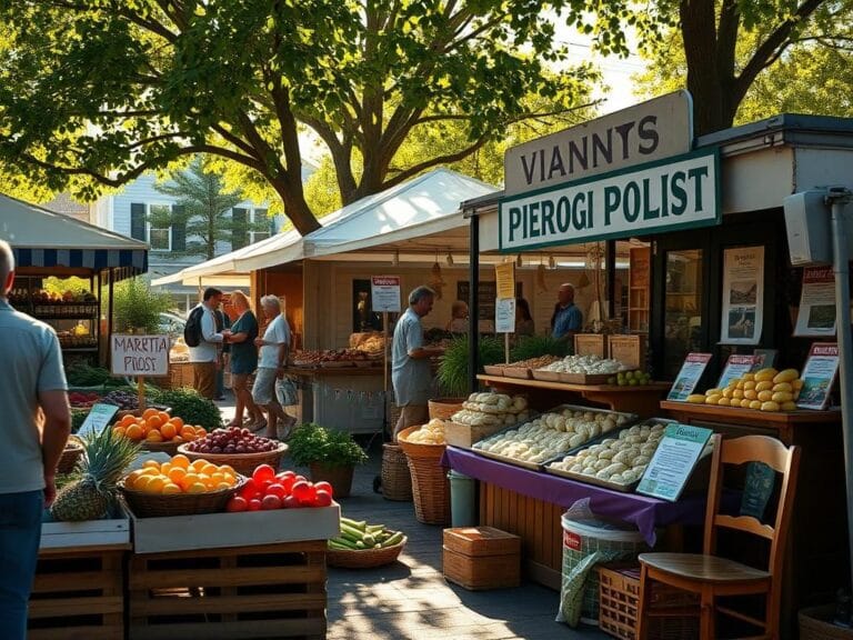 Flick International Vibrant farmers market scene in Martha's Vineyard with a pierogi stall reflecting political tensions