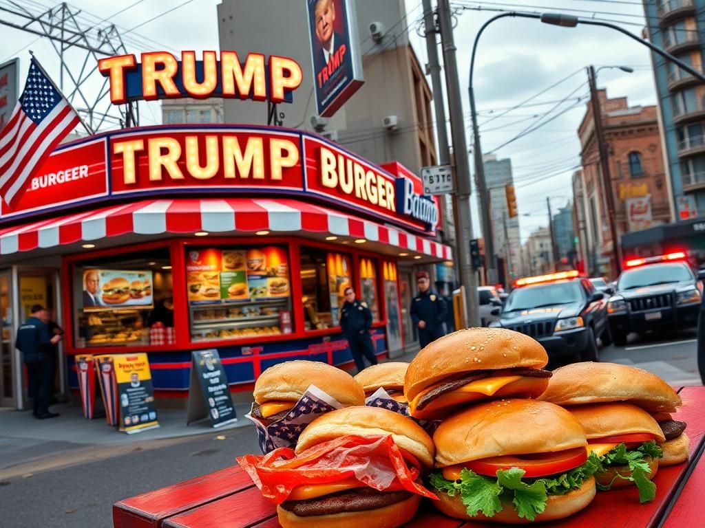 Flick International Brightly colored Trump-themed burger restaurant exterior showcasing American flags and vibrant signage