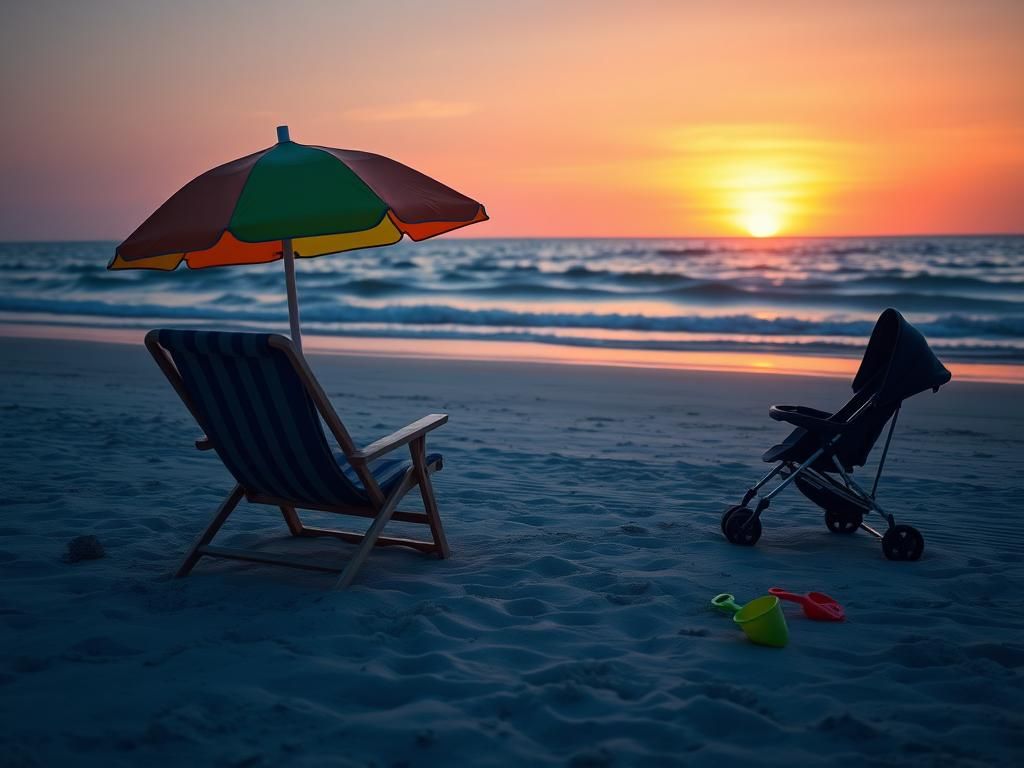 Flick International Serene beach scene at sunset with a colorful umbrella and baby stroller symbolizing a father's desire for a solo vacation with his infant.
