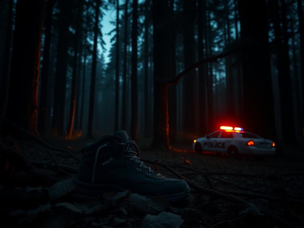 Flick International Dark forest scene with abandoned hiking boot and police car silhouette