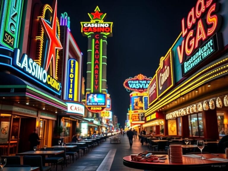 Flick International A vibrant Las Vegas Strip scene showcasing neon lights and luxury casino facades alongside empty tables and a cocktail price board.