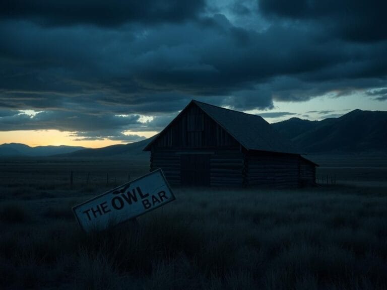 Flick International A somber dusk landscape in rural Montana with a rustic barn and broken 'The Owl Bar' sign