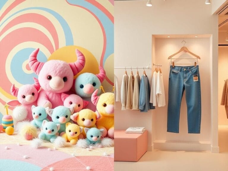 Flick International A split-frame image showcasing Labubus plush toys and American Eagle jeans, symbolizing the clash of Gen Z culture.
