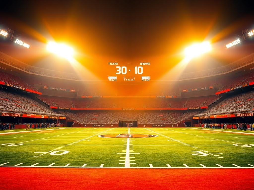 Flick International Illuminated football stadium at night showcasing the Cleveland Browns' colors with a victorious scoreboard