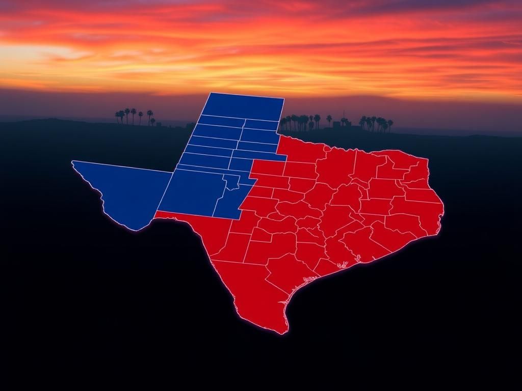 Flick International Aerial view of a detailed map of Texas with vibrant political district boundaries illustrating gerrymandering.