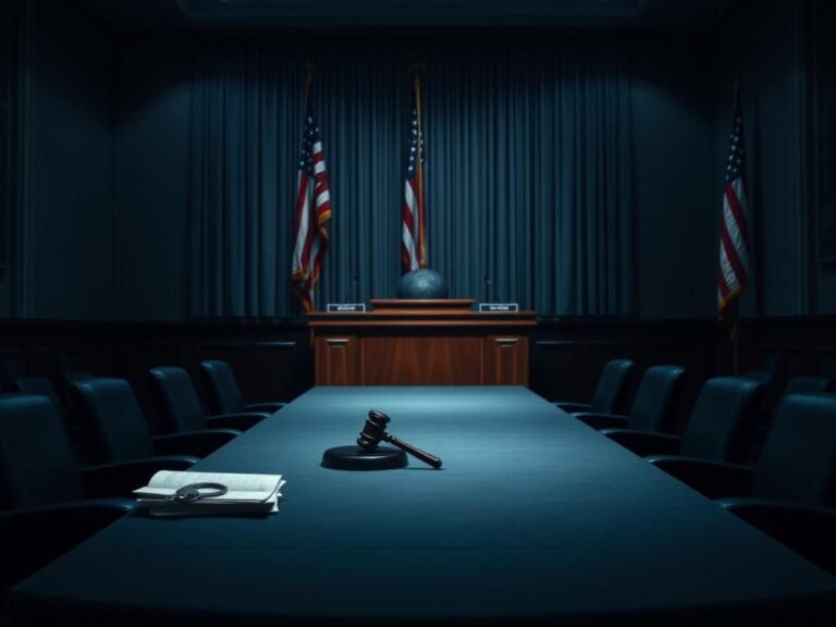 Flick International Dimly lit congressional hearing room with an empty deposition table and shadowy backdrop