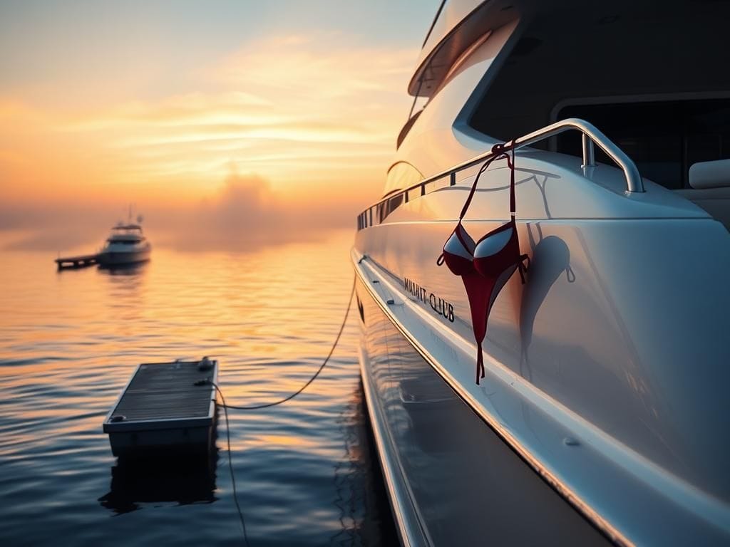 Flick International Luxurious yacht at Montauk Yacht Club with stylish bikini draped over the side