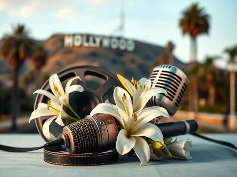 Flick International A still-life scene of a classic Hollywood film reel and broken vintage microphone intertwined with white lilies