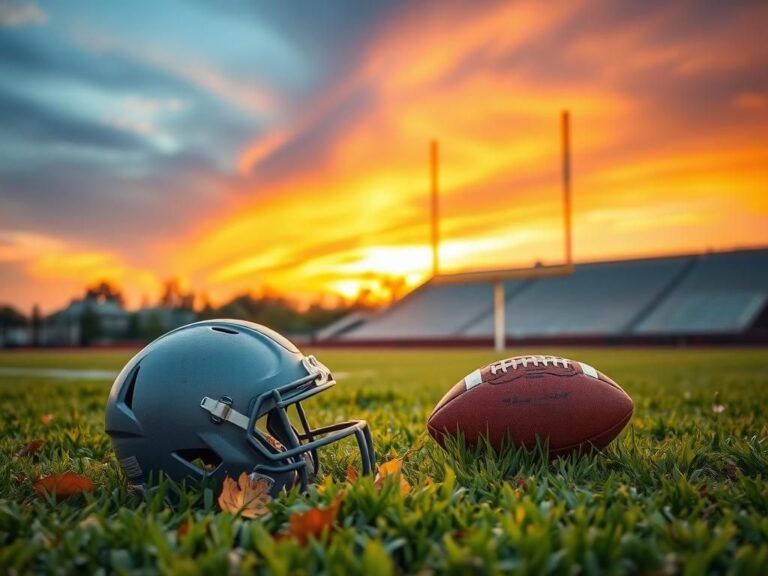 Flick International Abandoned football helmet and a football on a serene field at dusk