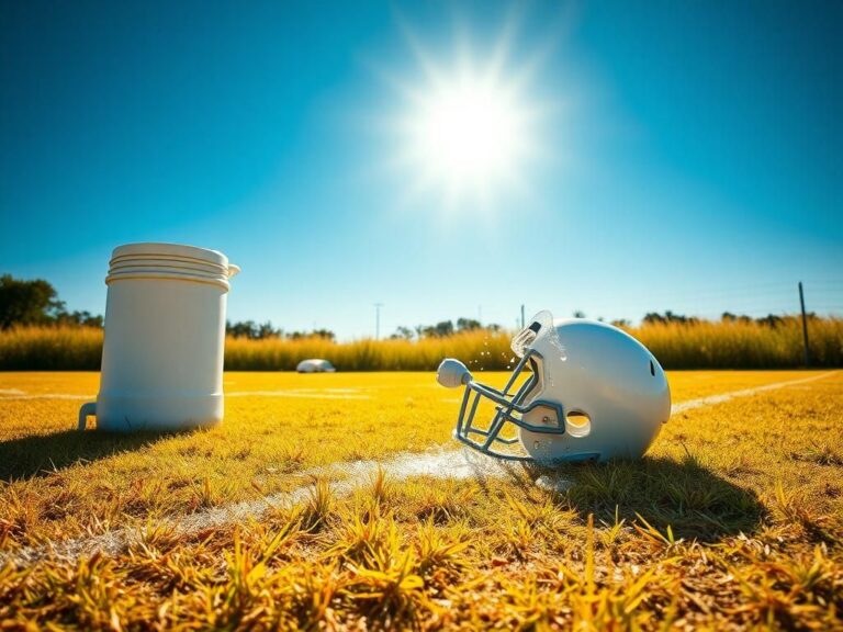 Flick International Sun-drenched football field with wilted grass under a blazing summer sun, highlighting heatstroke dangers for young athletes