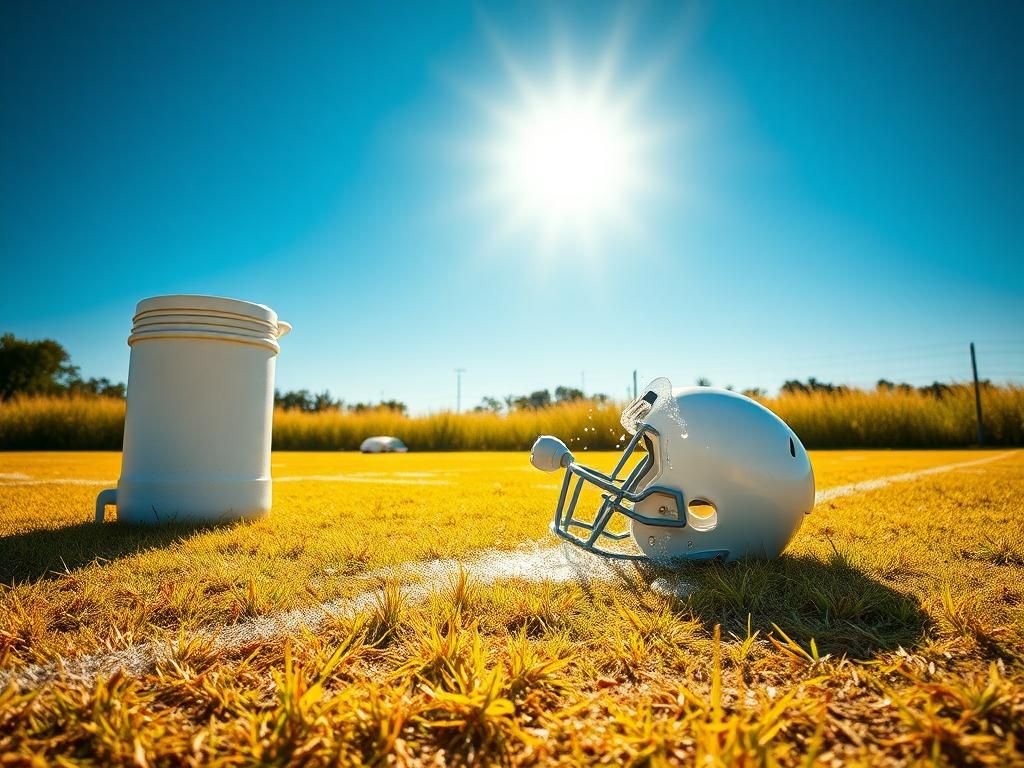 Flick International Sun-drenched football field with wilted grass under a blazing summer sun, highlighting heatstroke dangers for young athletes