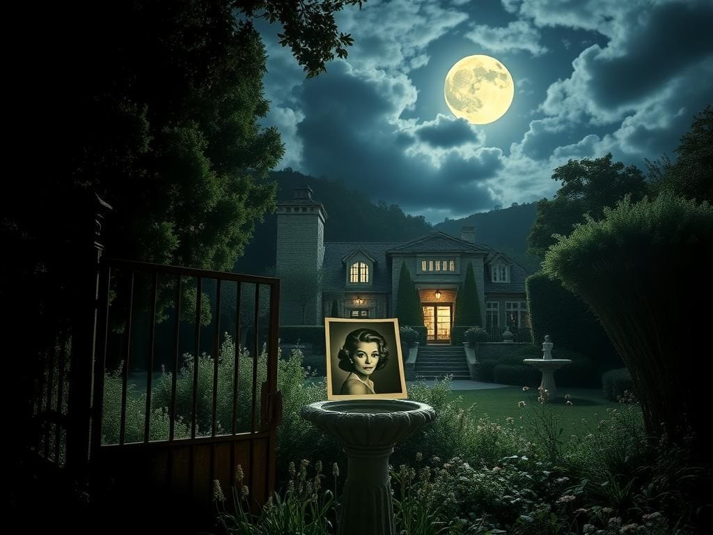 Flick International Haunting night scene of a luxurious Benedict Canyon home with a rusty gate and overgrown wildflowers