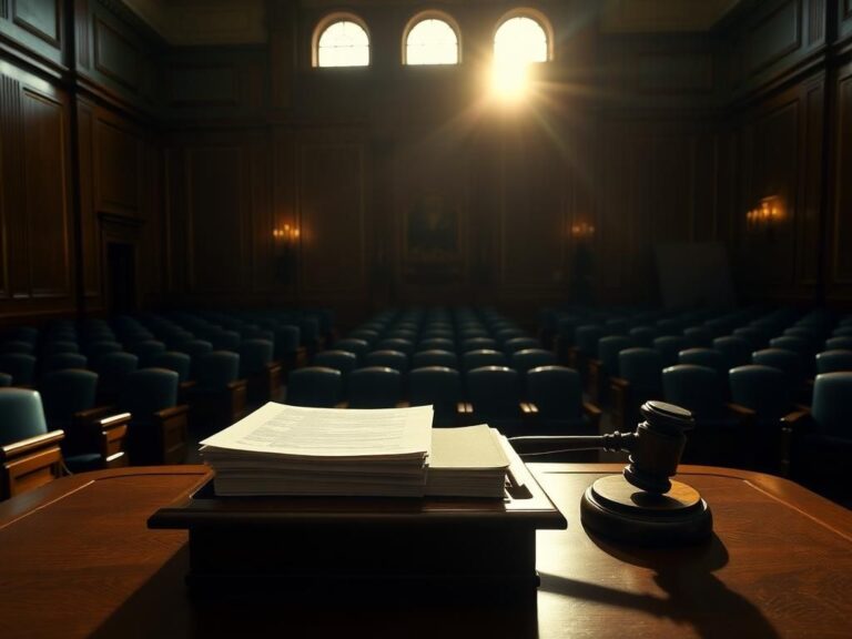 Flick International Dimly lit U.S. Senate chamber with empty rows of seats and a wooden desk covered in nomination papers