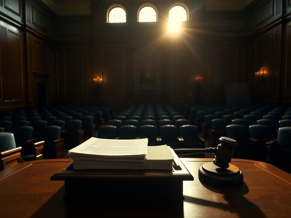 Flick International Dimly lit U.S. Senate chamber with empty rows of seats and a wooden desk covered in nomination papers