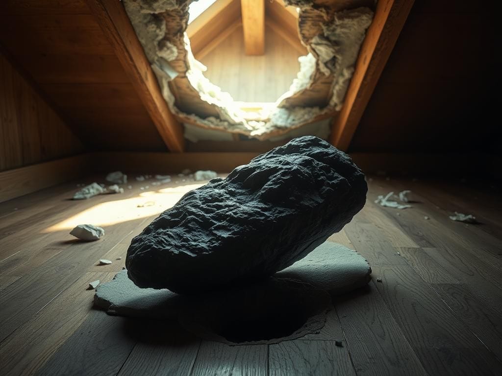 Flick International Meteorite fragment resting on a wooden floor with damaged ceiling above