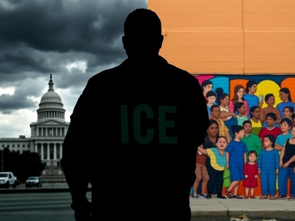 Flick International A split-screen image contrasting ICE authority with community unity