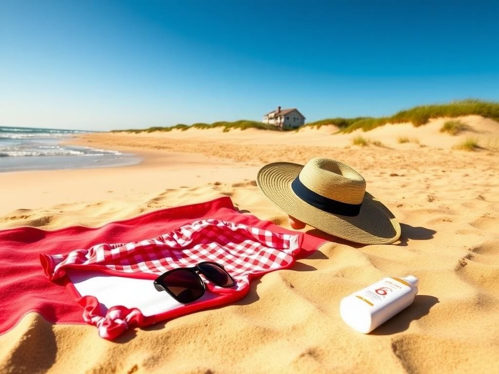 Flick International A red gingham bikini on a vibrant beach towel in the Hamptons.