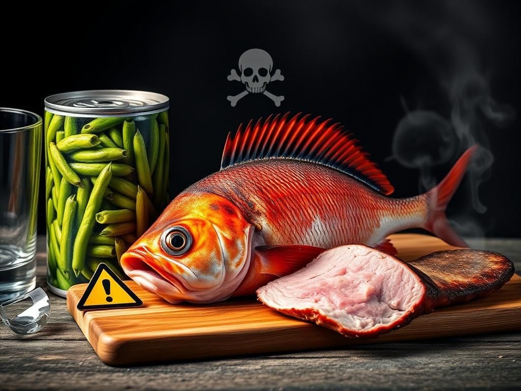 Flick International Close-up of dangerous foods including a dented can of green beans, vibrant tropical fish fillet, and undercooked pork on a cutting board