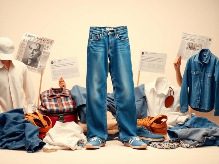 Flick International A pair of blue jeans from the American Eagle collection showcased artistically with supporting clothing items.