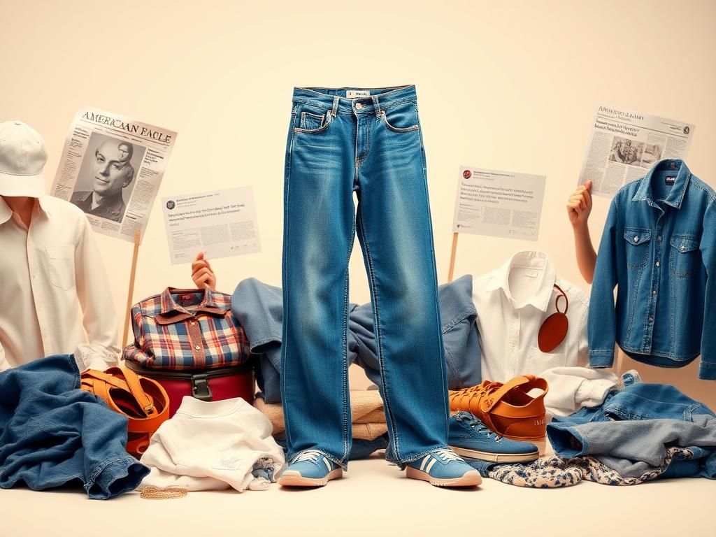 Flick International A pair of blue jeans from the American Eagle collection showcased artistically with supporting clothing items.