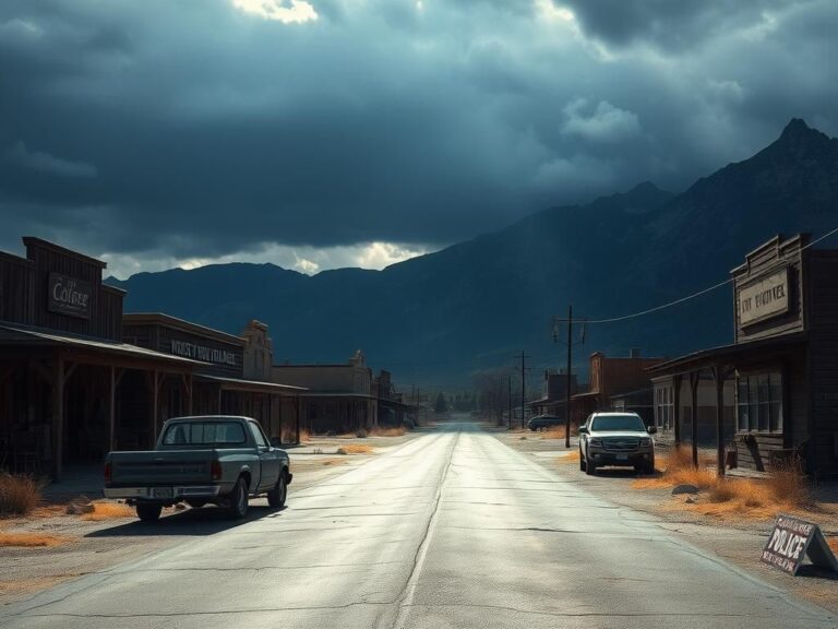 Flick International A desolate street scene in a rural Montana town following a tragic bar massacre, highlighting a sense of tension and unease.
