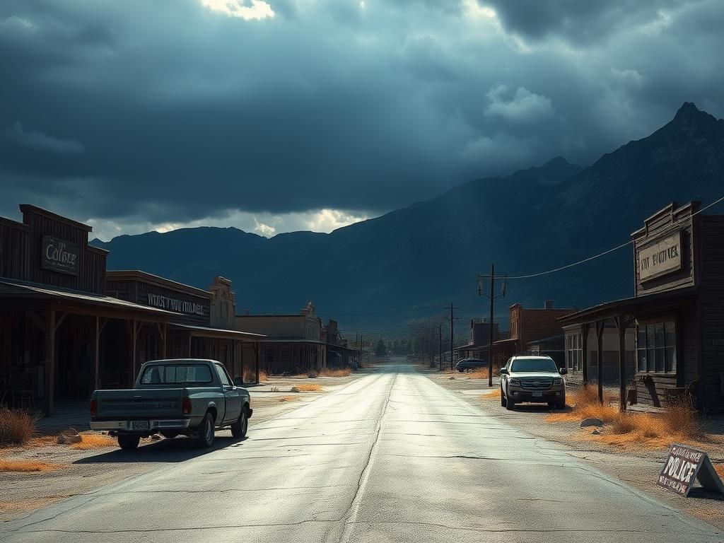 Flick International A desolate street scene in a rural Montana town following a tragic bar massacre, highlighting a sense of tension and unease.
